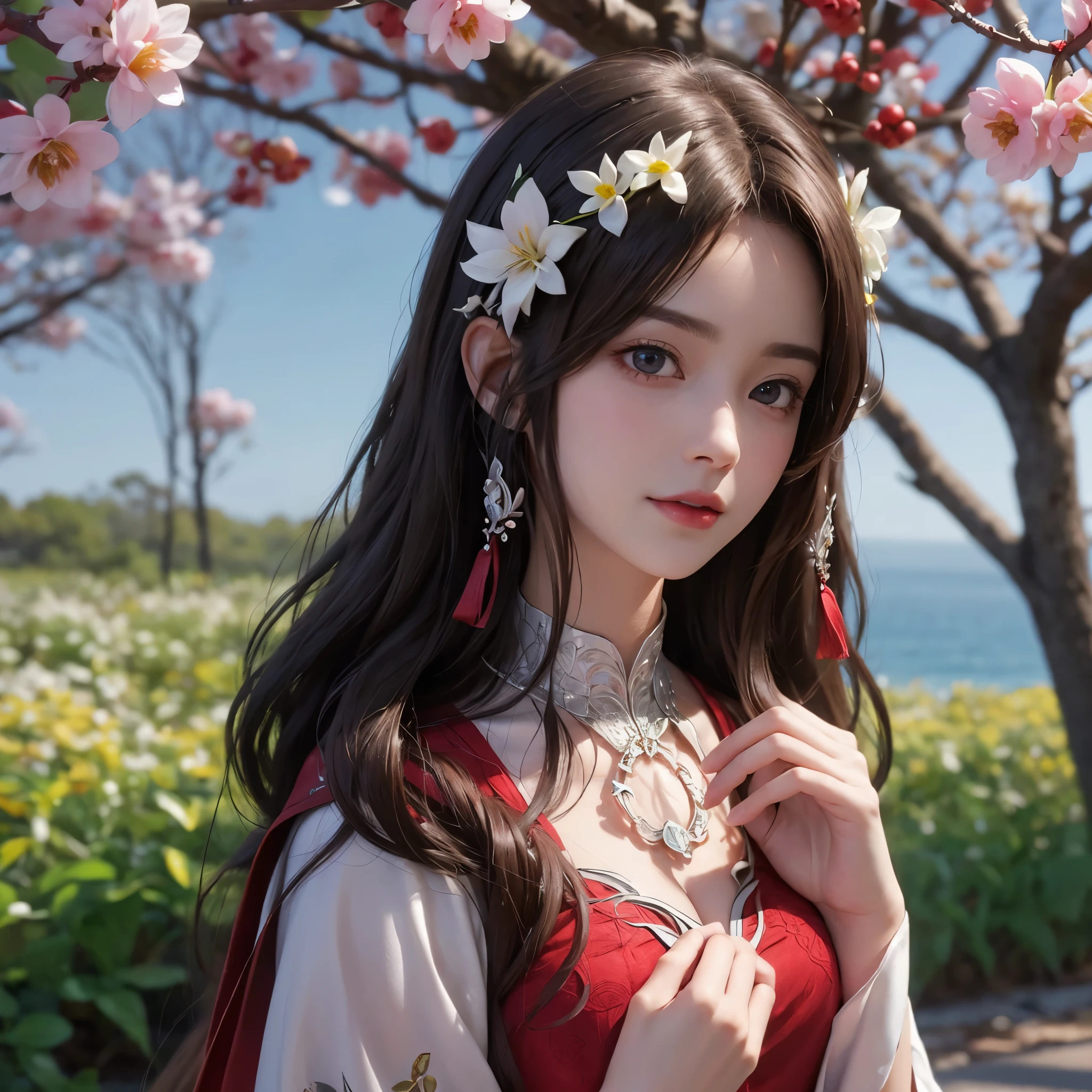 Belle fille aux longs cheveux bruns, yeux marron clair, doux sourire, peau blanche comme neige,Her long hair is decorated with red mulberry flowers 🏵️,La jeune fille portait un simple hanfu blanc traditionnel avec un tissu rouge noué autour de sa taille., Cadre forestier rempli de mûriers ,Fleurs de sakura, beau look oriental dans un hanfu traditionnel simple ,