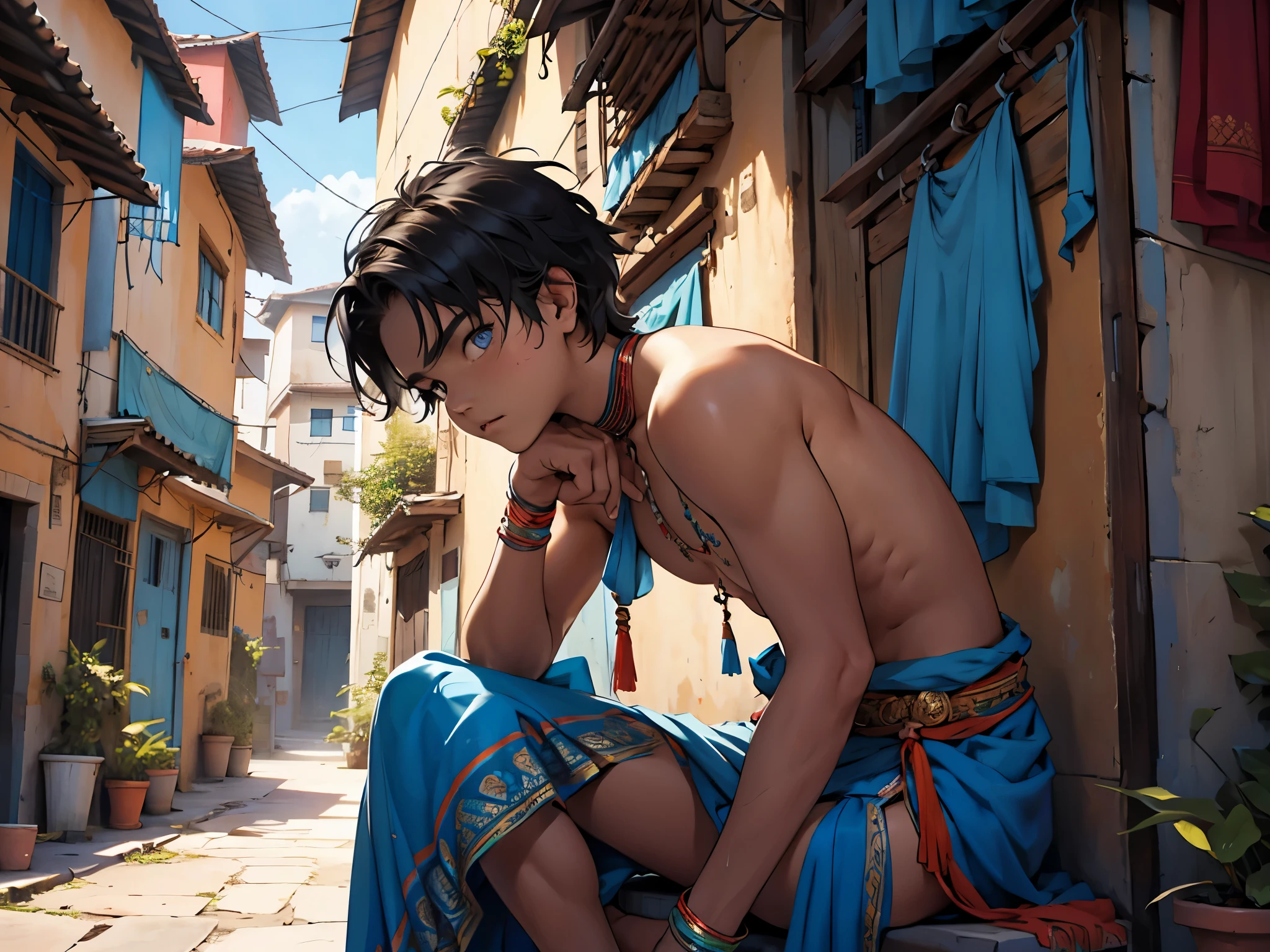 There is a 16 year old boy strangely dressed in Indian tribal clothes., His hair is blue, blue eyes, he is on top of a boarding school on the terrace looking at a city, he is bewildered, somewhat sad, seen from below. 