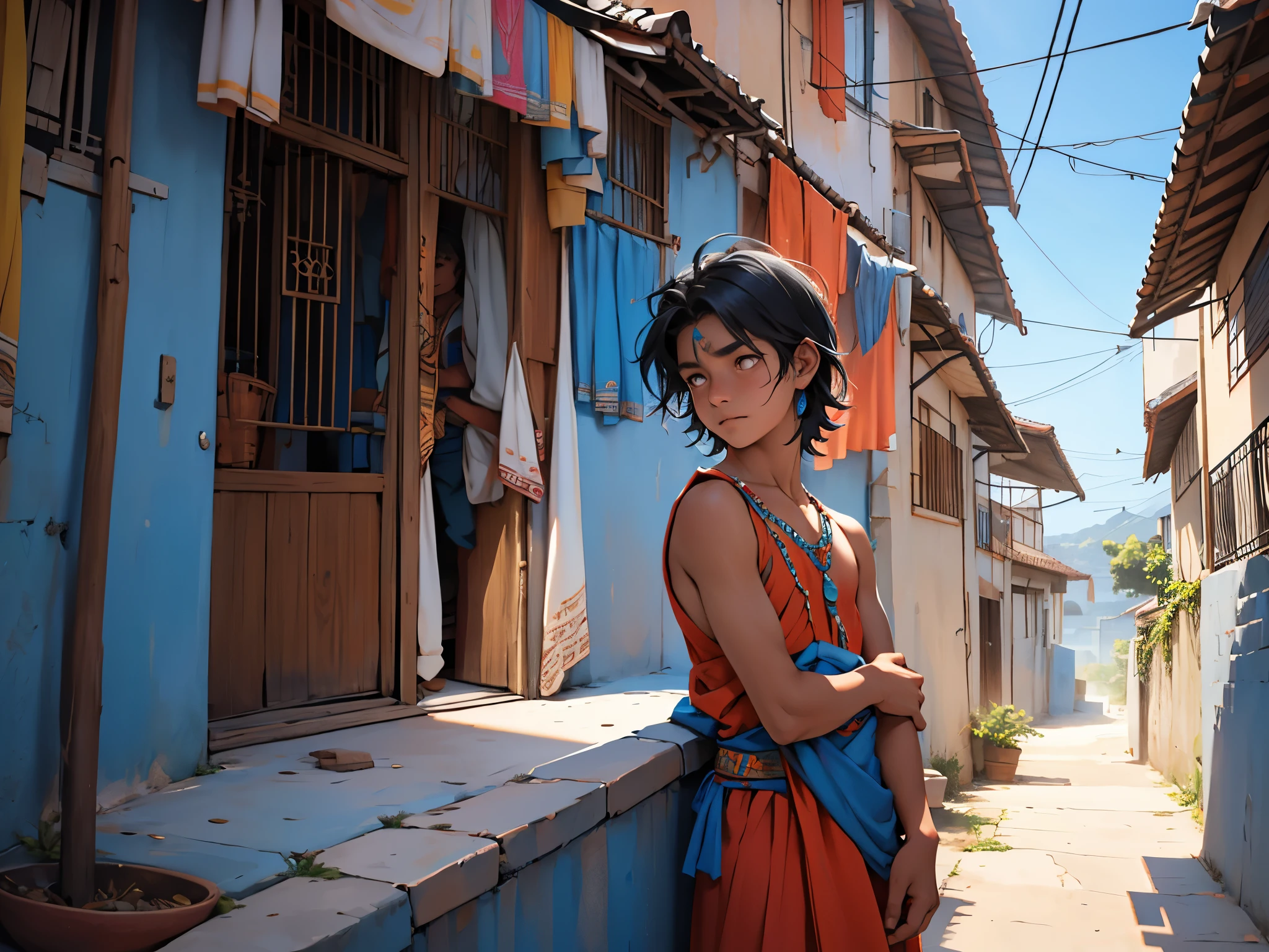 Há um rapaz estranhamente vestido com roupas tribais indianas., Seus cabelos são azuis, olhos azuis, ele está em cima de um internato no terraço olhando uma cidade, está desnorteado, um tanto triste, visto de baixo. 