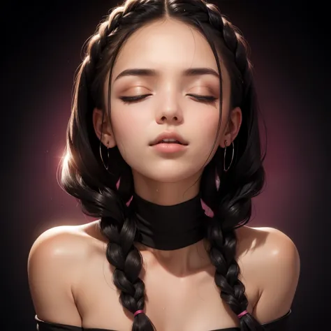sexy woman, black braided hair, black t-shirt, close-up on face, eyes closed, glossy wet pink lips parted in a kiss, flawless glowing skin, long beautiful neck