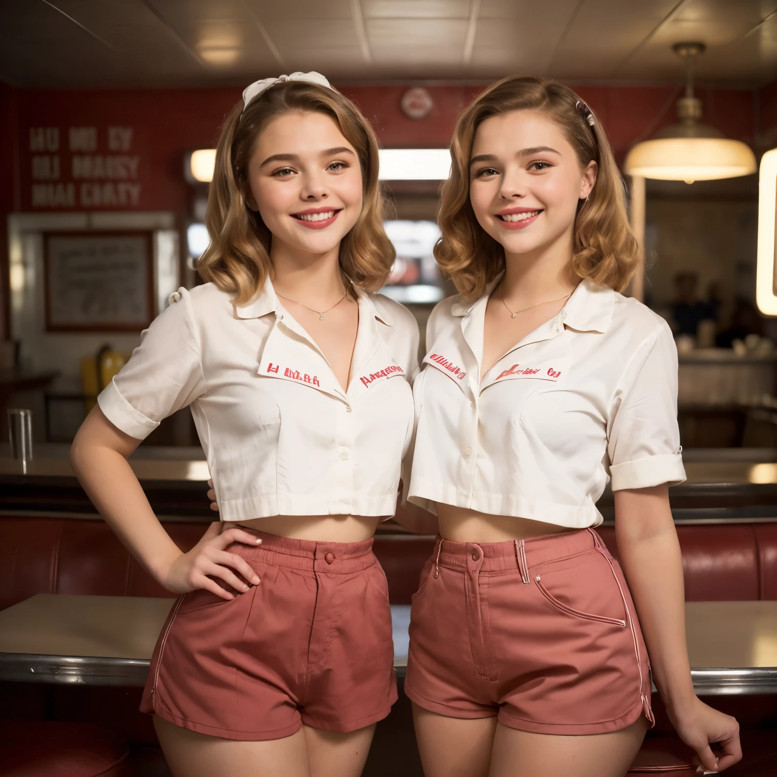 Two women in short shorts standing next to each other in a diner - SeaArt AI