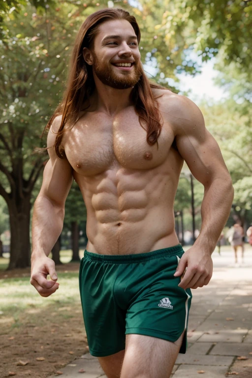 Handsome redheaded men, bare-chested, with muscular bodies, green eyes, smiling, sporting long hair and beards, are exercising in the park.