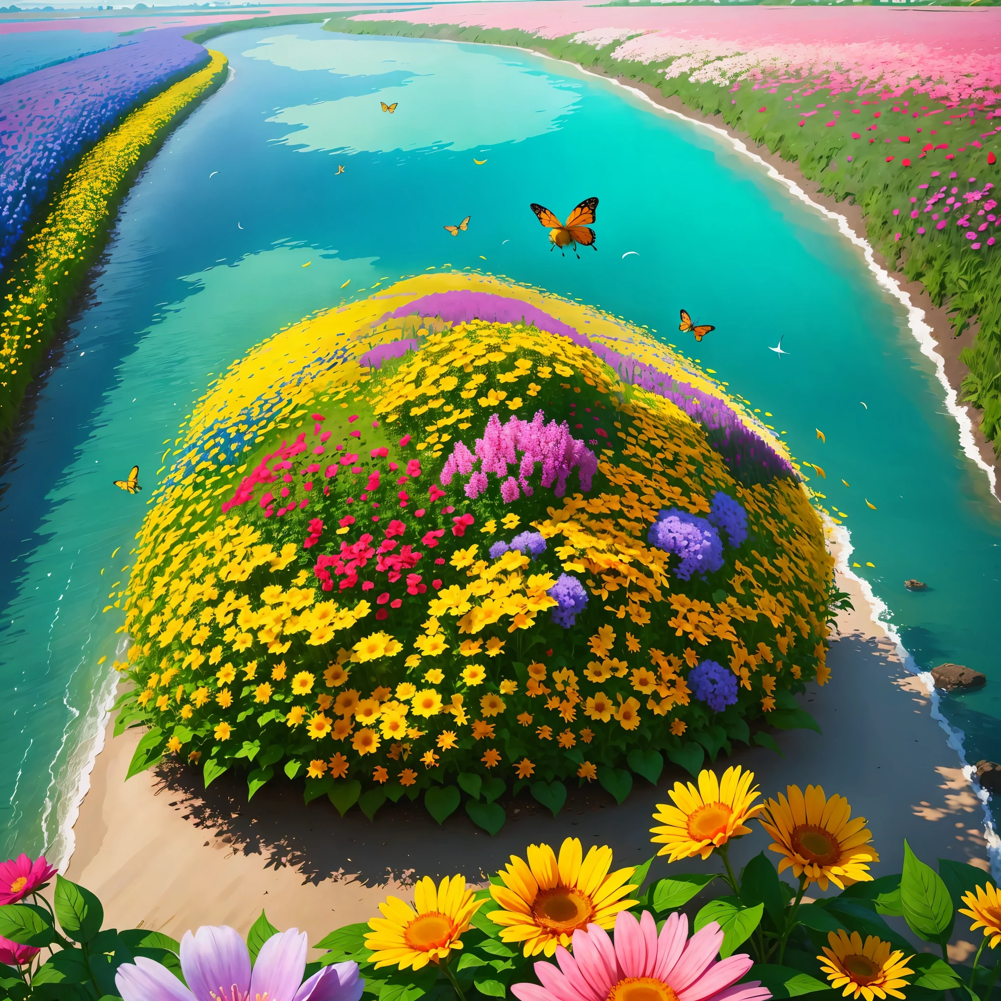 In a sea of colorful flowers，The flowers sway in the wind，sunshine，Warm as spring。Bees buzz，Butterflies flutter，Vibrant。Floral fragrance overflowing，Feel the beauty and vitality of nature。