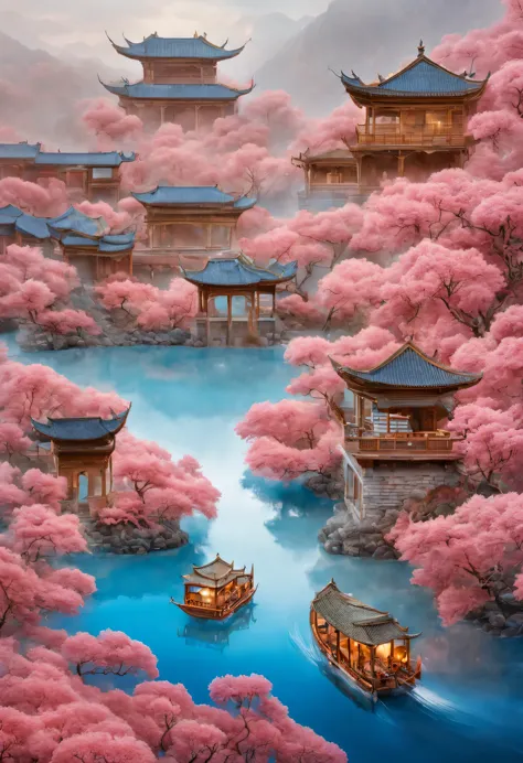 The wide drop-shaped river channel is surrounded by dense rose petals, blue lake, 国家地理photography风格, Exaggerated visual composit...