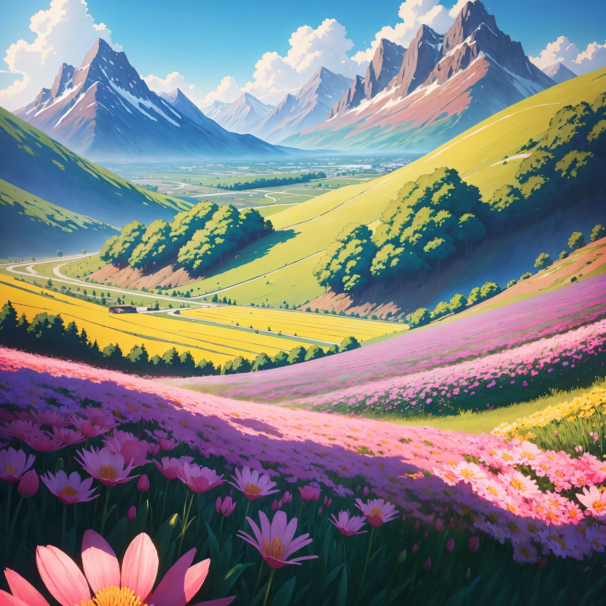 Flower field,(masterpiece:1.2), Outdoor, mountains, depth of field, blue sky, telephoto, horizon, nature, acg , Makoto Shinkai detail of flower , many flower, colorful