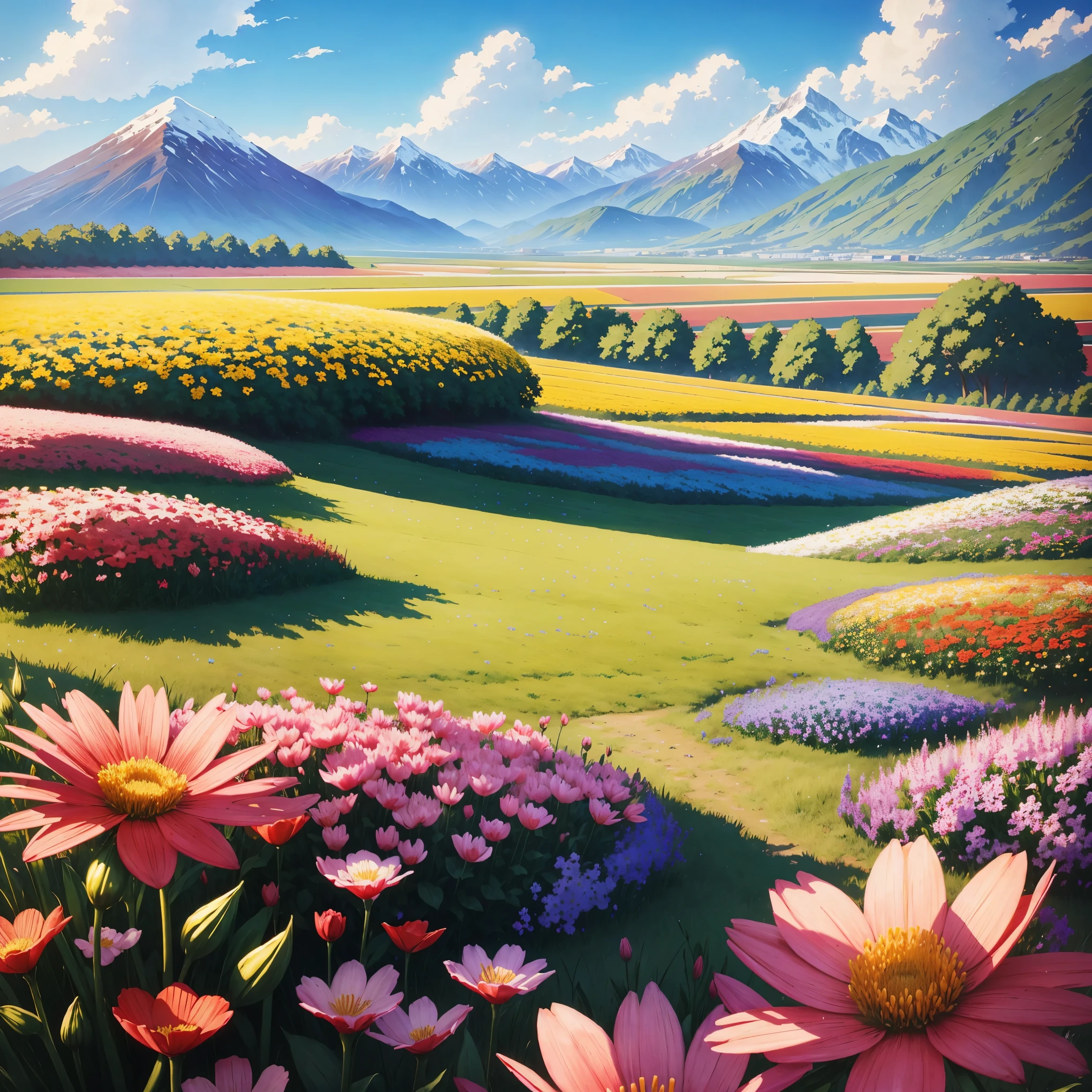 Flower field,(masterpiece:1.2), Outdoor, mountains, depth of field, blue sky, telephoto, horizon, nature, acg , Makoto Shinkai detail of flower , many flower, colorful