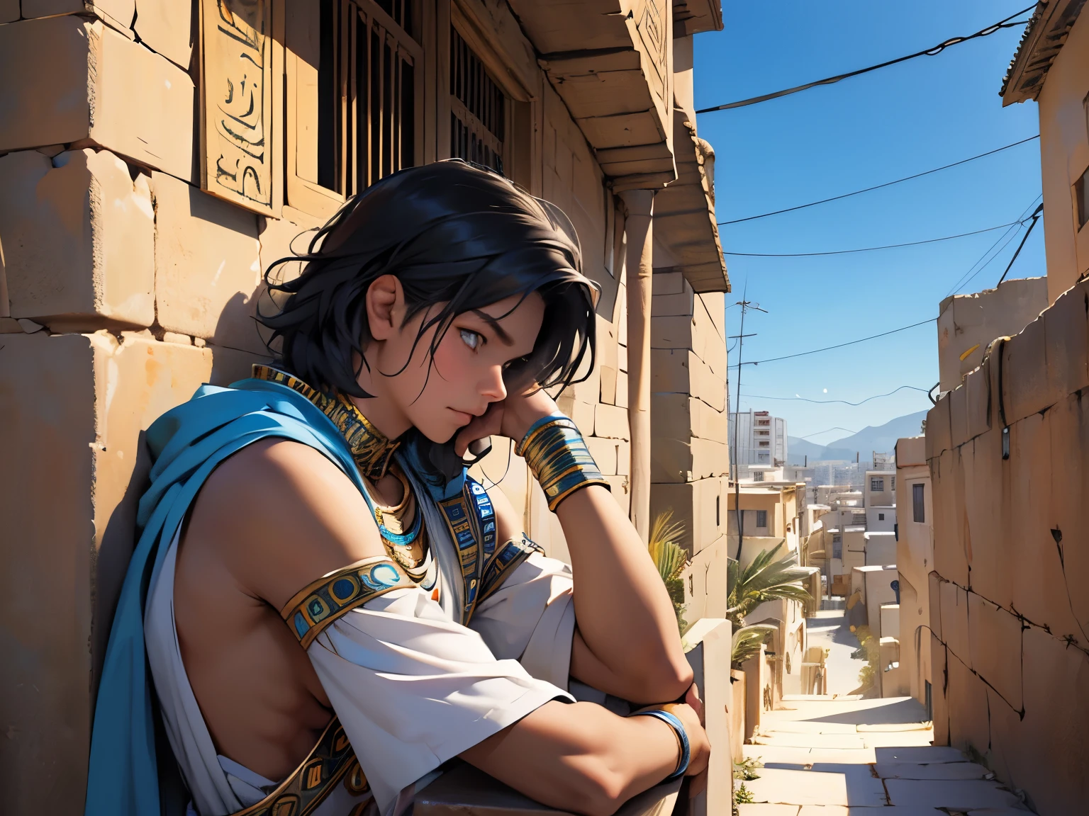 Il y a un garçon étrangement vêtu de vêtements tribaux égyptiens., Ses cheveux sont bleus, ses yeux bleus, il est au sommet d&#39;un internat sur la terrasse en train de regarder une ville, il est ahuri, un peu triste, vu d&#39;en bas. 