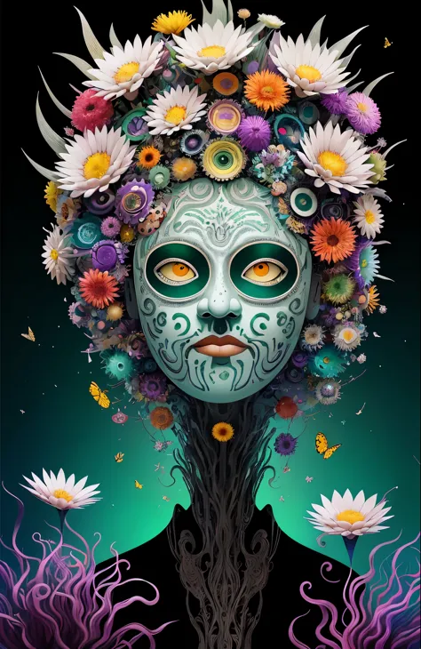 3d mask with various ordinary objects on it,spiky blonde hair,texture, complex, many white flowers，gorgeous, shadow, pastel colo...