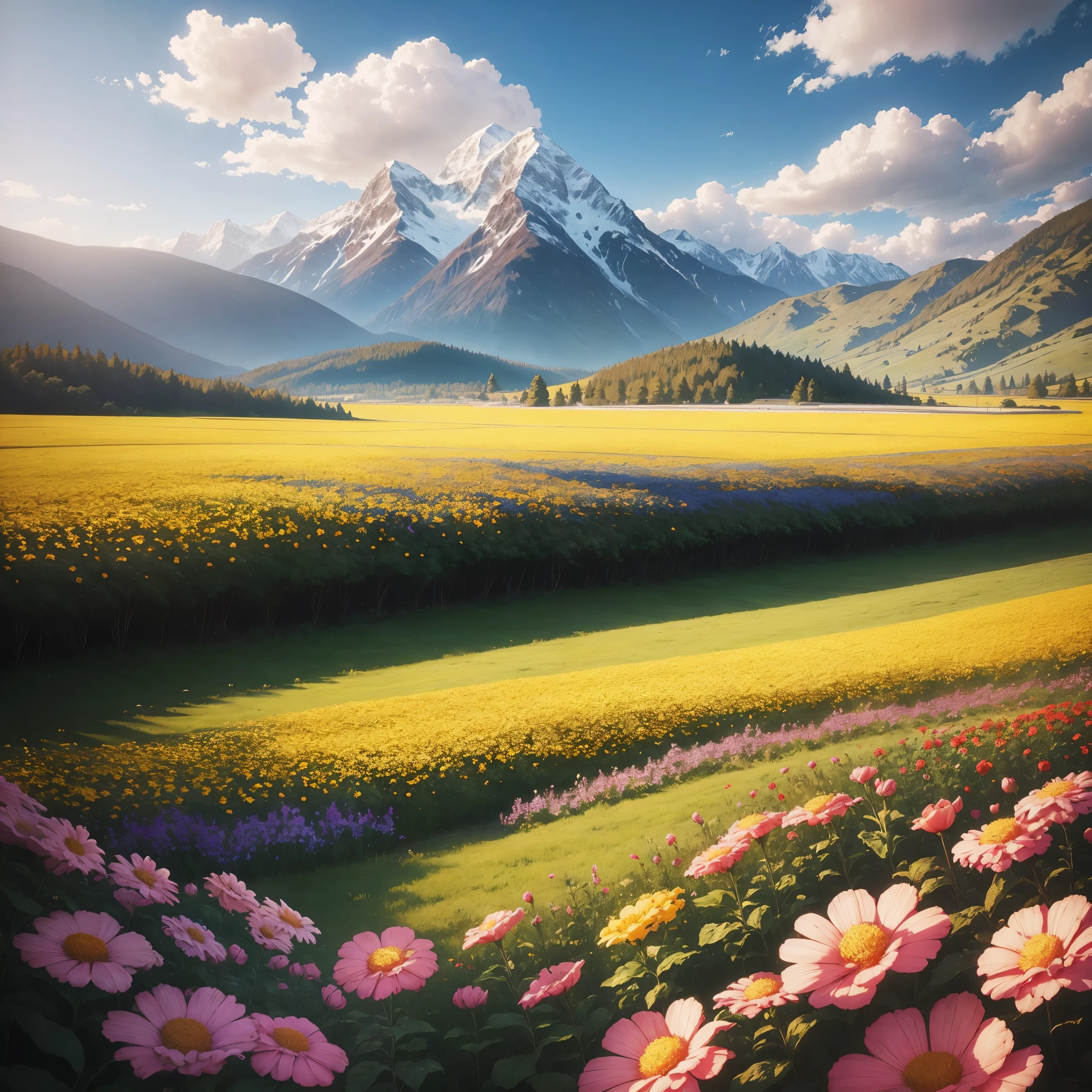 Flower field,(masterpiece:1.2), Outdoor, mountains, depth of field, blue sky, telephoto, horizon, nature, acg , Makoto Shinkai detail of flower , many flower, colorful