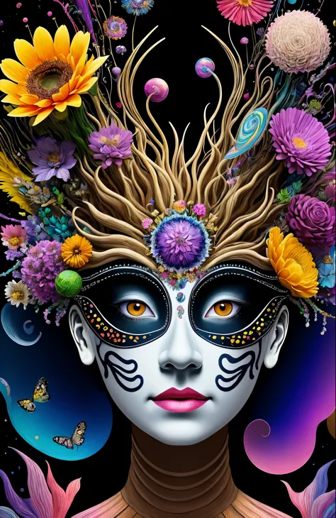 3d mask with various ordinary objects on it,spiky blonde hair,texture, full of flowers，many flowers，complex, gorgeous, shadow, p...