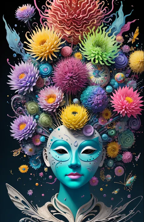 3d mask with various ordinary objects on it,spiky blonde hair,texture, complex, dreams bloom like flowers，many flowers，sprayed p...