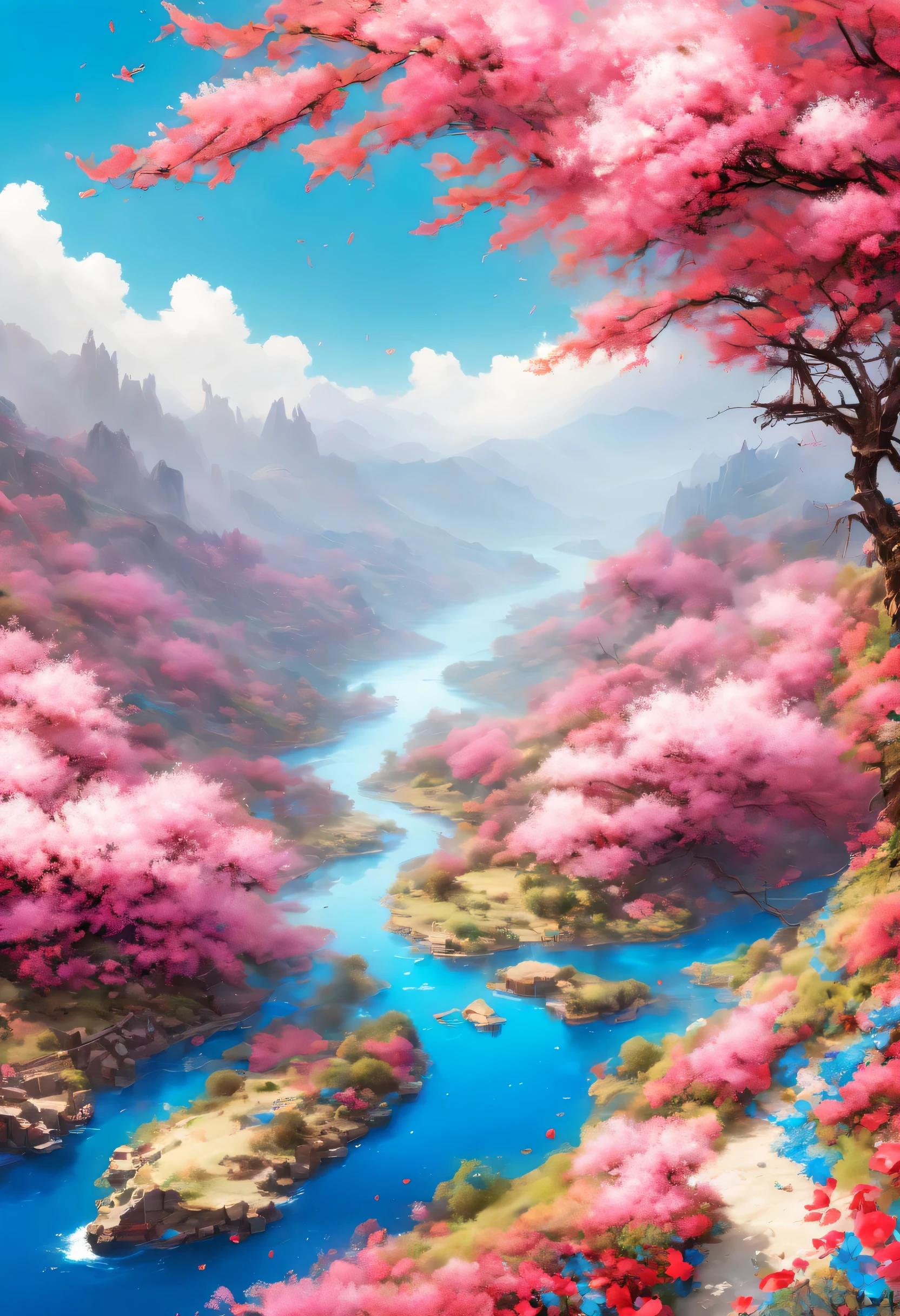 The wide drop-shaped river channel is surrounded by dense rose petals, blue lake, National Geographic photography style, Exaggerated visual composition and color, Bird&#39;s eye perspective photography, Pioneering color photography, complex weave, photography, Vibrant and exaggerated scenery,