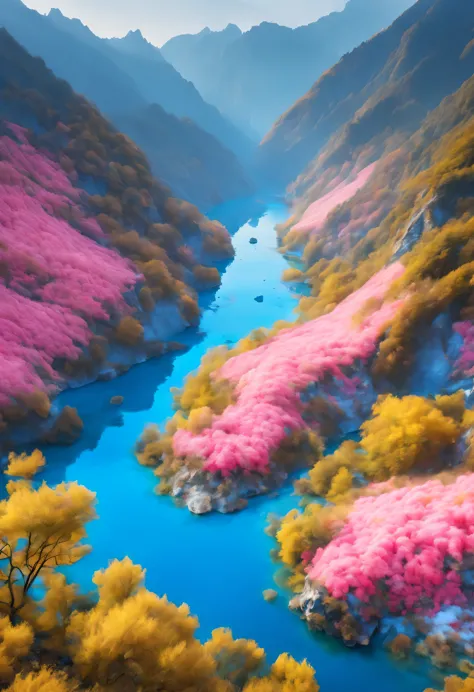 the wide drop-shaped river channel is surrounded by dense rose petals, blue lake, 国家地理photography风格, exaggerated visual composit...