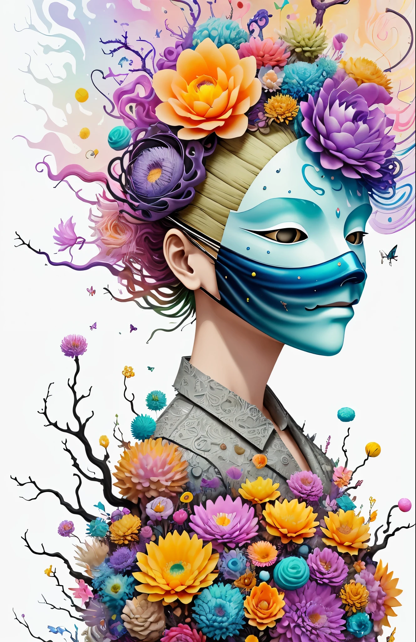 3d mask with various ordinary objects on it,Spiky blonde hair,texture, complex, Dreams bloom like flowers，Many flowers，Dead vines，old tree，Gorgeous, shadow, pastel colors, 3d, mask, Very detailed, Deco, tim burton, Salvador dali, Cheng Xiaolong, Cyril Rolando, inspired by J. d. lasso, 3d stereoscopic，pop color style, Photo portrait surrounded by orbiting planetary satellites, green hair spiky hair, make me jealous, Mark Leyden, Alberto Seveso, creek shade, Anna dietman, Flora Bossi, 8k resolution, perfect composition, Milky Way, rainbow colors, flying insects, scales, wing, blue, texture, complicated, Gorgeous, shadow, pastel colors,mask， 3d, Very detailed, deco, tim burton, dale Chihuly, Xiaolongcheng, Cyril Rolando, by J. Jitter，Flower heads are empty，artwork，display stand，sculpture，Craftsmanship，artwork，