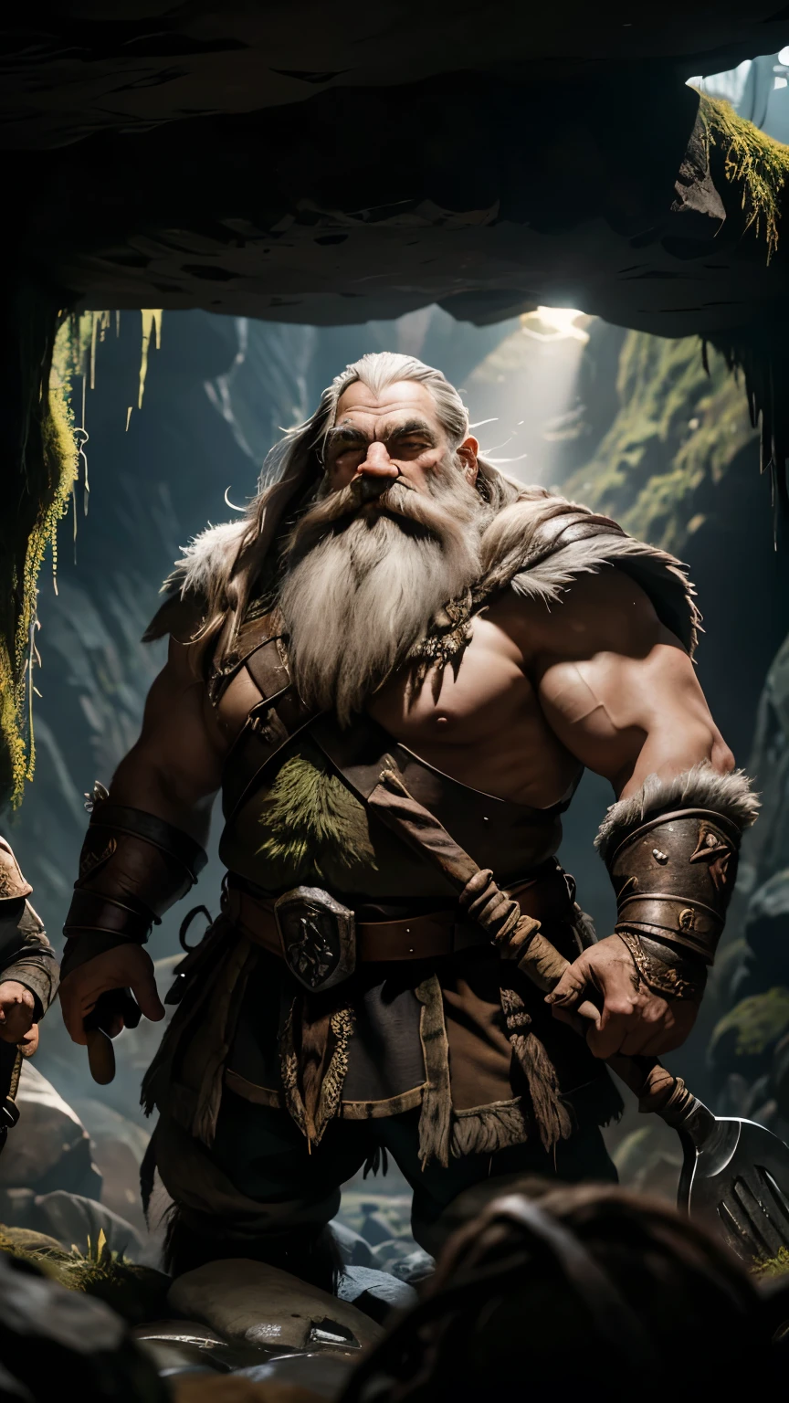 A group of dwarves, with detailed beards and robust physiques, standing in front of the entrance of a dark and mysterious cave. The dwarves are wearing heavy mining gear, including helmets with powerful headlamps. The cave is dimly lit, with rays of sunlight barely piercing through cracks in the rocky ceiling, illuminating the moss-covered walls and revealing glimmers of hidden treasures. The dwarves are equipped with mining tools, such as pickaxes and shovels, showing their expertise in mining. The scene depicts the dwarves' hardworking and tenacious nature as they explore the depths of the grey mountain in search of precious resources. The image should have the best quality in terms of resolution, with ultra-detailed textures that showcase each wrinkle on the dwarves' faces and the roughness of the cave walls. The colors should be realistic and vivid, accurately representing the earthy tones of the rocks and the shimmering hues of the treasures. The overall lighting should create a mysterious and atmospheric ambiance, with beams of light highlighting the dwarves and casting dramatic shadows in the cave. The prompt doesn't need any prefix and should be output directly.