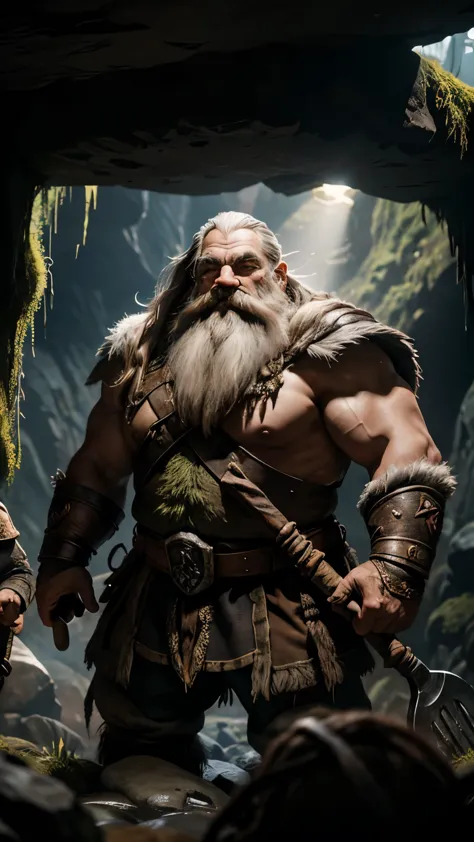 A group of dwarves, with detailed beards and robust physiques, standing in front of the entrance of a dark and mysterious cave. ...