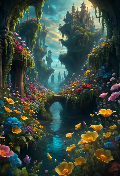  Sea of flowers in a mystical setting, hyper-realistic, detailed, vibrant colors, dynamic lighting, cinematic composition, by To...