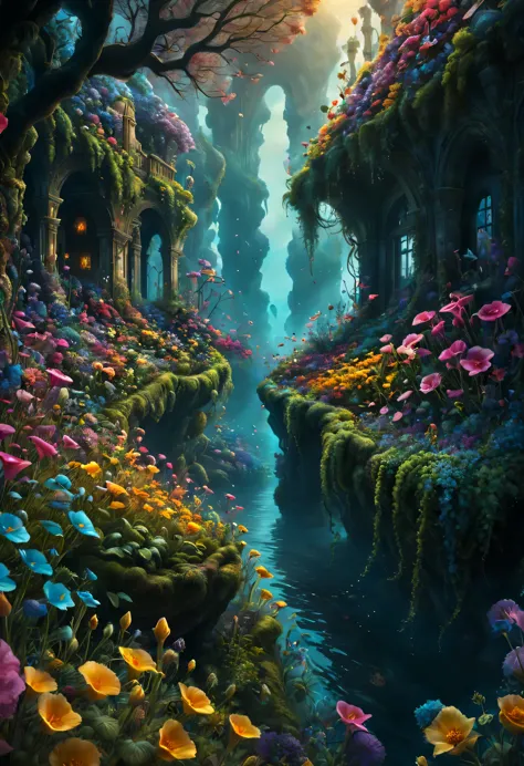  Sea of flowers in a mystical setting, hyper-realistic, detailed, vibrant colors, dynamic lighting, cinematic composition, by To...