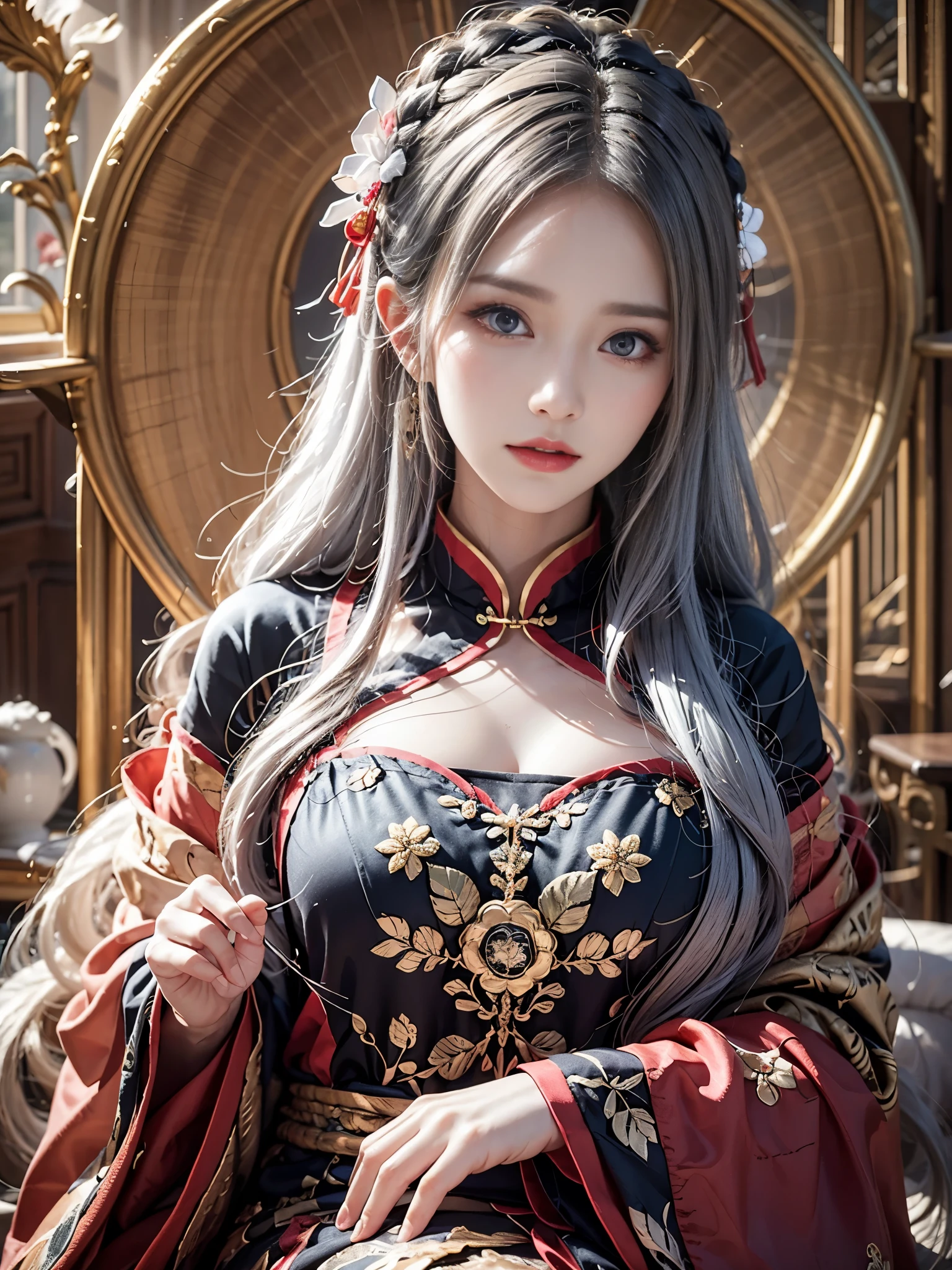 photorealistic, High resolution, soft light, 1 female, alone, hip up, red eyes, gray hair, long hair, fine eyes, red eyes, alone, traditional chinese costume, red wedding hanfu, realistic, compensate