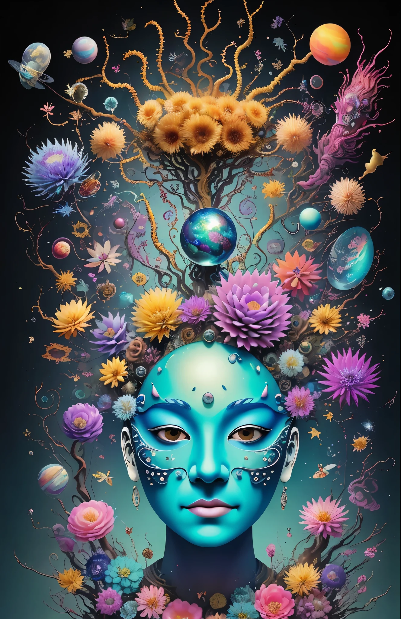 3d mask with various ordinary objects on it,Spiky blonde hair,texture, complex, Dreams bloom like flowers，Many flowers，Dead vines，old tree，bubble，small fish，Gorgeous, shadow, pastel colors, 3d, mask, Very detailed, Deco, tim burton, Salvador dali, Cheng Xiaolong, Cyril Rolando, inspired by J. d. lasso, 3d stereoscopic，pop color style, Photo portrait surrounded by orbiting planetary satellites, green hair spiky hair, make me jealous, Mark Leyden, Alberto Seveso, creek shade, Anna dietman, Flora Bossi, 8k resolution, perfect composition, Milky Way, rainbow colors, flying insects, scales, wing, blue, texture, complicated, Gorgeous, shadow, pastel colors,mask， 3d, Very detailed, deco, tim burton, dale Chihuly, Xiaolongcheng, Cyril Rolando, by J. Jitter，Flower heads are empty，artwork，display stand，sculpture，Craftsmanship，artwork，