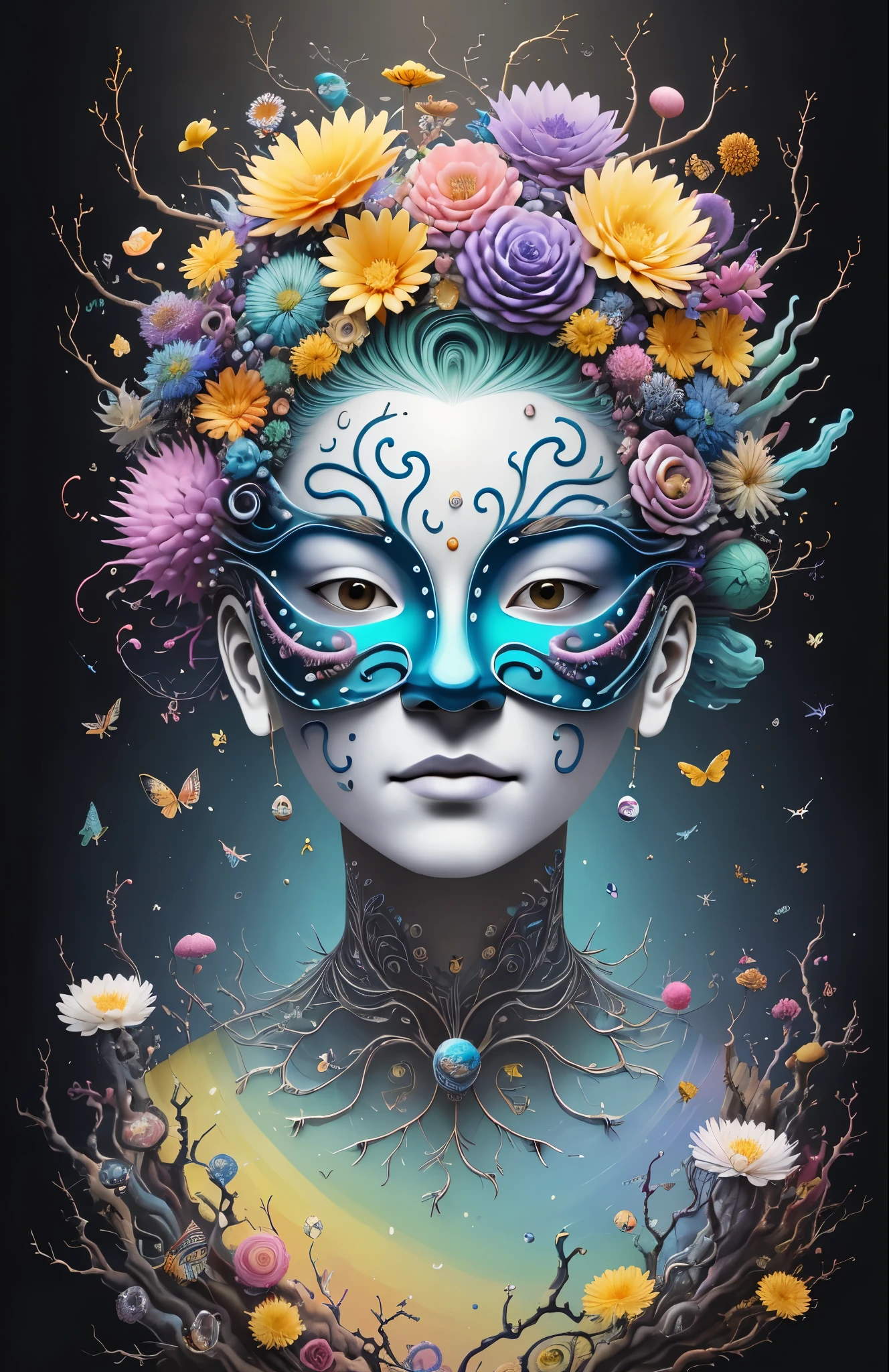 3d mask with various ordinary objects on it,Spiky blonde hair,texture, complex, Dreams bloom like flowers，Many flowers，Dead vines，old tree，bubble，small fish，Gorgeous, shadow, pastel colors, 3d, mask, Very detailed, Deco, tim burton, Salvador dali, Cheng Xiaolong, Cyril Rolando, inspired by J. d. lasso, 3d stereoscopic，pop color style, Photo portrait surrounded by orbiting planetary satellites, green hair spiky hair, make me jealous, Mark Leyden, Alberto Seveso, creek shade, Anna dietman, Flora Bossi, 8k resolution, perfect composition, Milky Way, rainbow colors, flying insects, scales, wing, blue, texture, complicated, Gorgeous, shadow, pastel colors,mask， 3d, Very detailed, deco, tim burton, dale Chihuly, Xiaolongcheng, Cyril Rolando, by J. Jitter，Flower heads are empty，artwork，display stand，sculpture，Craftsmanship，artwork，