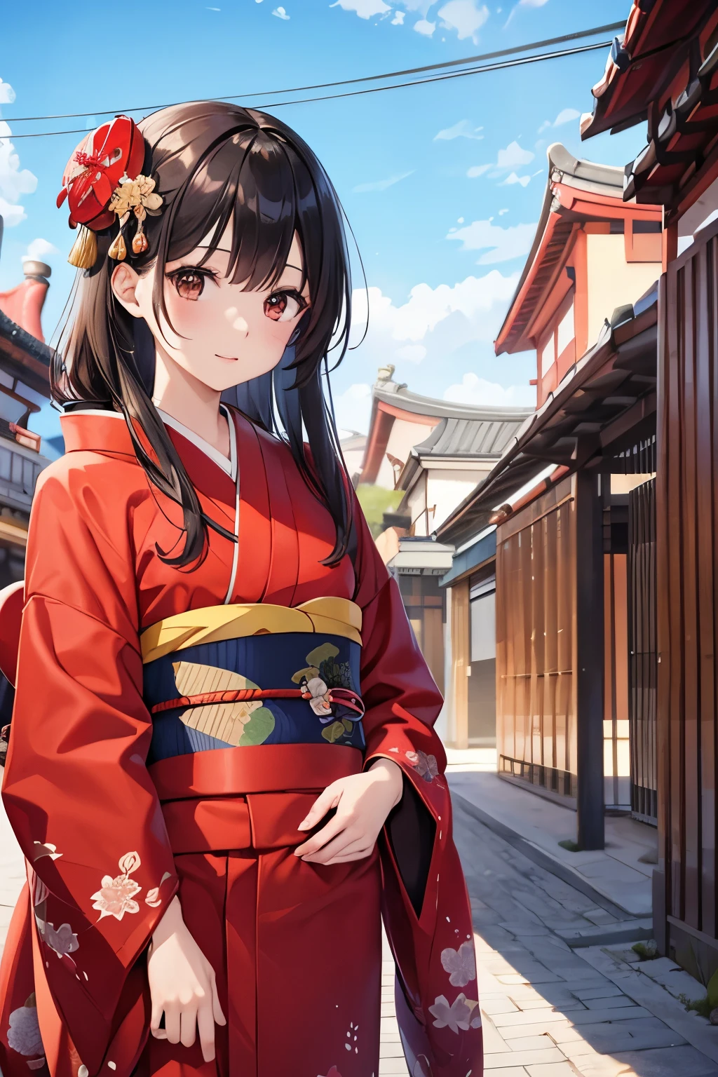 best quality, highres,1 woman,Slender、small face、brown eyes、(tall:1.3)、black hair BREAK、long hair、(red kimono:1.4)、hair ornaments、25 years old、Mature、winter、blue sky