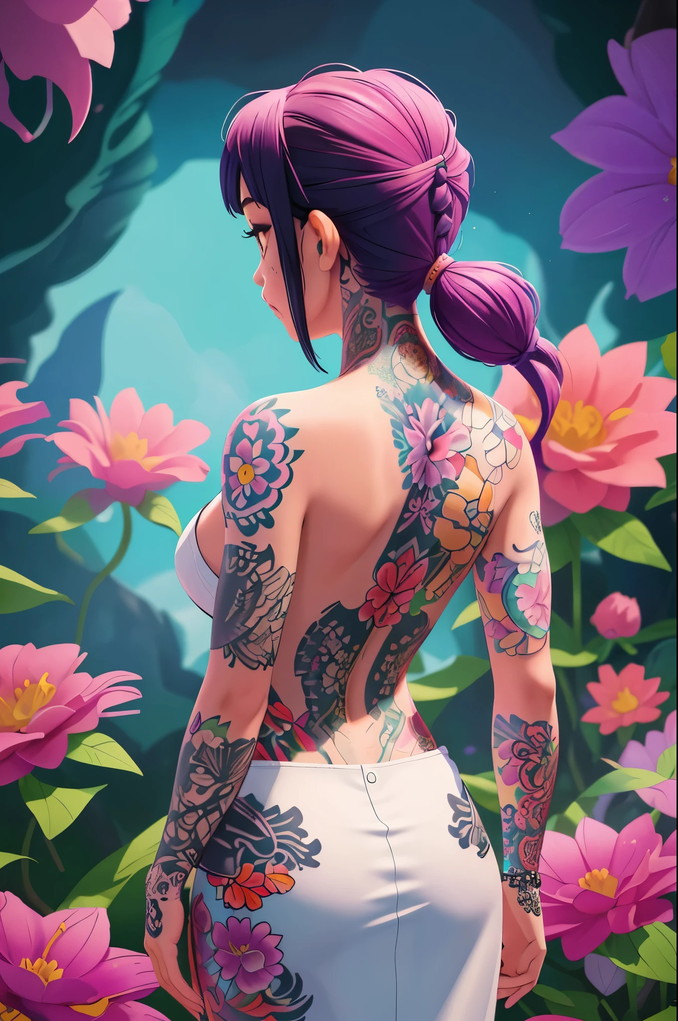 tattooedgirl, Sea of flowers around, 1 big flower symmetrical tattoo on a girl's back, (back view of girl), hyper-realistic, detailed, vibrant colors, dynamic lighting, cinematic composition, 8k resolution, atmospheric, ethereal