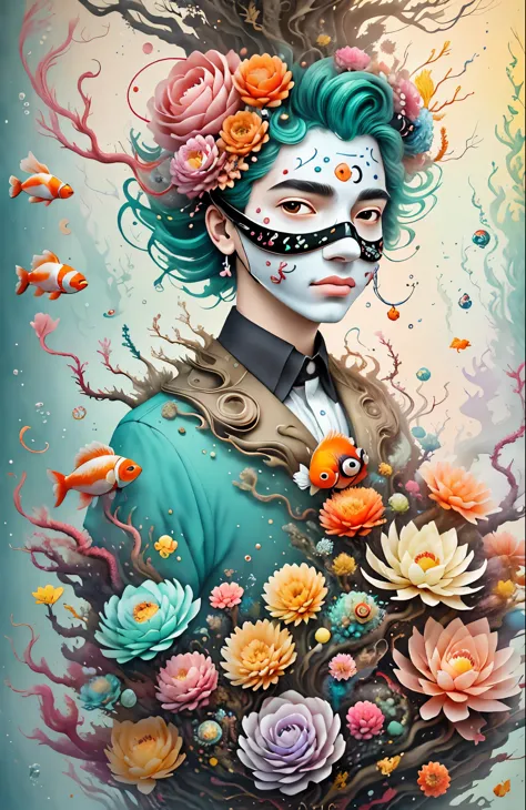 underwater，3d mask with various ordinary objects on it,spiky blonde hair,texture, complex, dreams bloom like flowers，many flower...