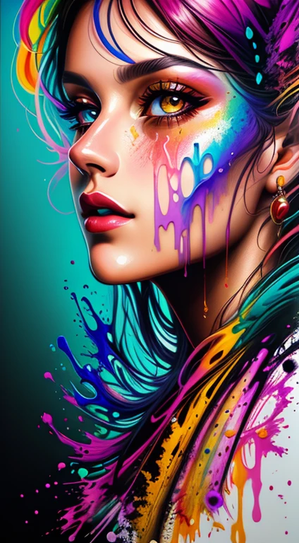 uma mulher com tinta colorida no rosto e no cabelo, gotejamento com cor, arte colorida bonita!, lindo arte digital, Pintura de Arte, Bela arte UHD 4K, retrato abstrato, arte colorida, linda arte digital linda, Arte de Alessandro Pautasso, rosto submerso em óleos coloridos, pintura colorida, Belo retrato fluido acrílico, tinta colorida, arte digital impressionante, arte colorida