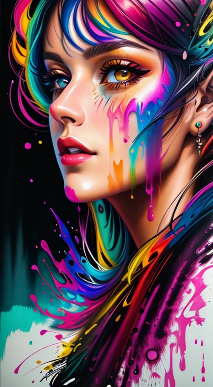 uma mulher com tinta colorida no rosto e no cabelo, gotejamento com cor, arte colorida bonita!, lindo arte digital, Pintura de Arte, Bela arte UHD 4K, retrato abstrato, arte colorida, linda arte digital linda, Arte de Alessandro Pautasso, rosto submerso em óleos coloridos, pintura colorida, Belo retrato fluido acrílico, tinta colorida, arte digital impressionante, arte colorida