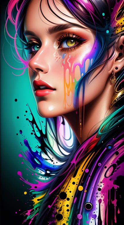 uma mulher com tinta colorida no rosto e no cabelo, gotejamento com cor, arte colorida bonita!, lindo arte digital, Pintura de Arte, Bela arte UHD 4K, retrato abstrato, arte colorida, linda arte digital linda, Arte de Alessandro Pautasso, rosto submerso em óleos coloridos, pintura colorida, Belo retrato fluido acrílico, tinta colorida, arte digital impressionante, arte colorida