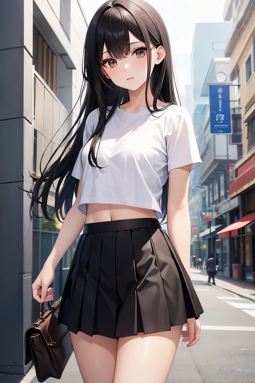 A woman in a skirt and white shirt walking down a street - SeaArt AI