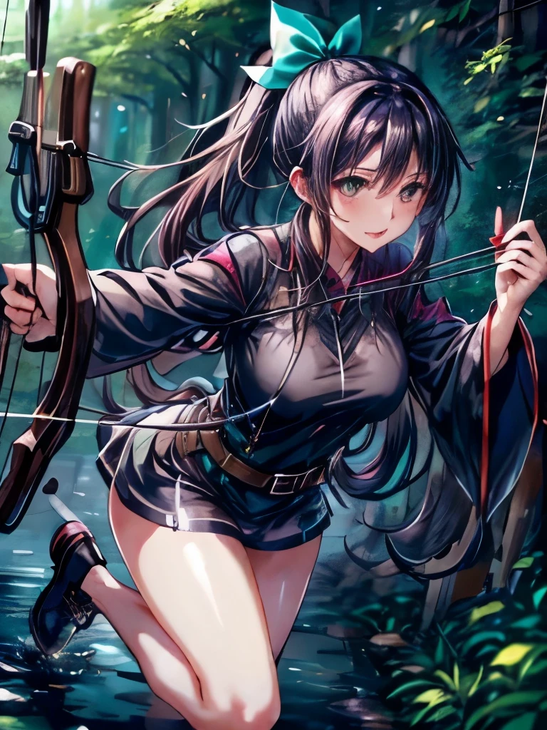 highest quality、long black hair woman、ponytail、green link clothes、beautiful legs、have a big bow、archery、Run、Dynamic movement、forest