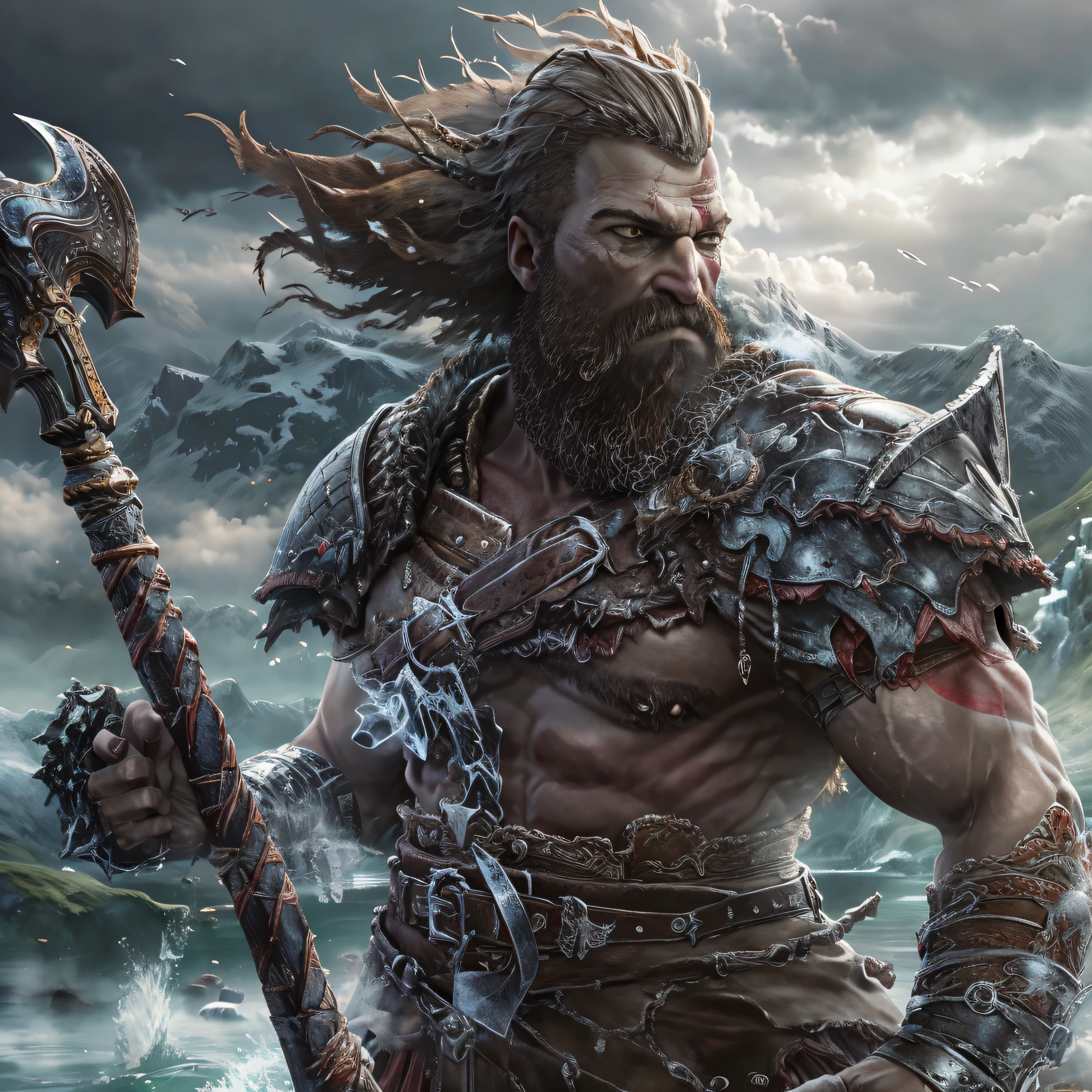 (masterpiece, best quality, detailed:1.2),  kratosGOW_soul3142, cold face, metal shorts, mountain, seascape, clouds, 1boy, scar, beard, realistic, bald, armor, Leviathan Axe, upper body shot