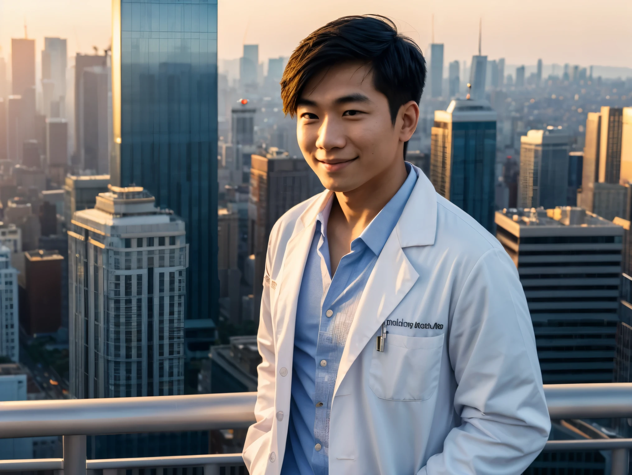 Imagine a young Asian male doctor standing proudly on a rooftop at sunset. He's wearing a crisp white lab coat, and the golden light of the setting sun warms his face. Behind him, the cityscape stretches out with skyscrapers and bustling streets. He has a slight smile of contentment, looking out over the city in quiet reflection.