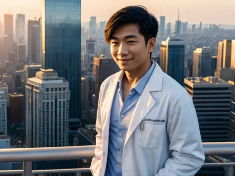 Imagine a young Asian male doctor standing proudly on a rooftop at sunset. He's wearing a crisp white lab coat, and the golden l...