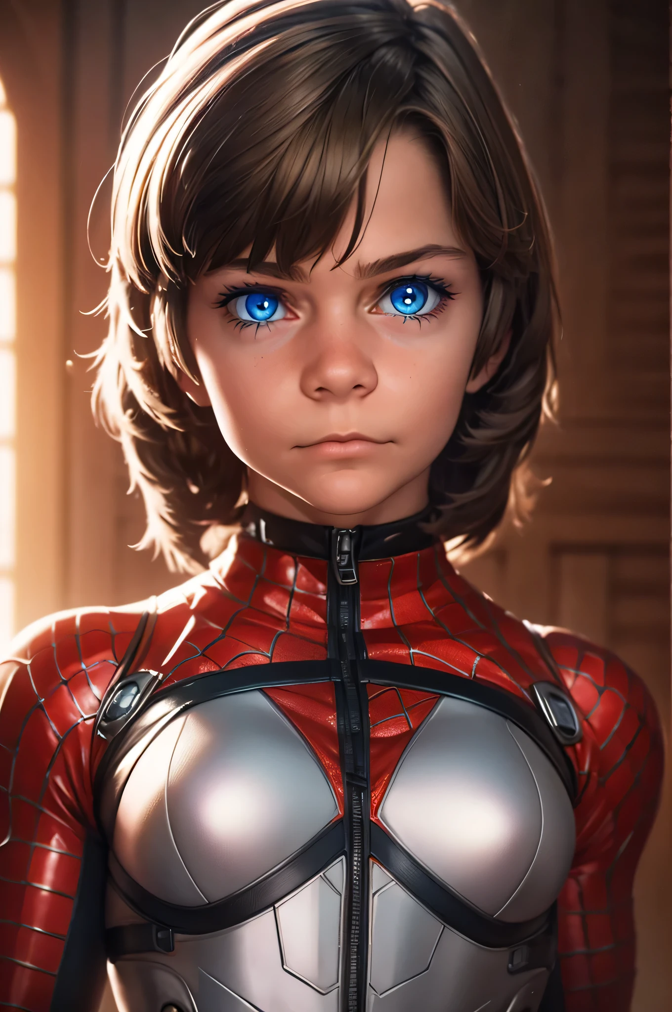 Hyper realistic cyborg Spider with crazy details, render in stunning 8K resolution., 1 woman，5 years，，small ，One，（（（the masterpiece），（Очень подробные обои CG Unity 8K），Best quality，cinematic lighting，detailed background，beautiful detailed eyes，bright students，Blue eyes，（very good and beautiful），（Beautiful and detailed description of the eyes），ultra - detailed，the masterpiece，）），A high resolution，ultra - detailed），convex，camel toe，elementary school student, red and white suit