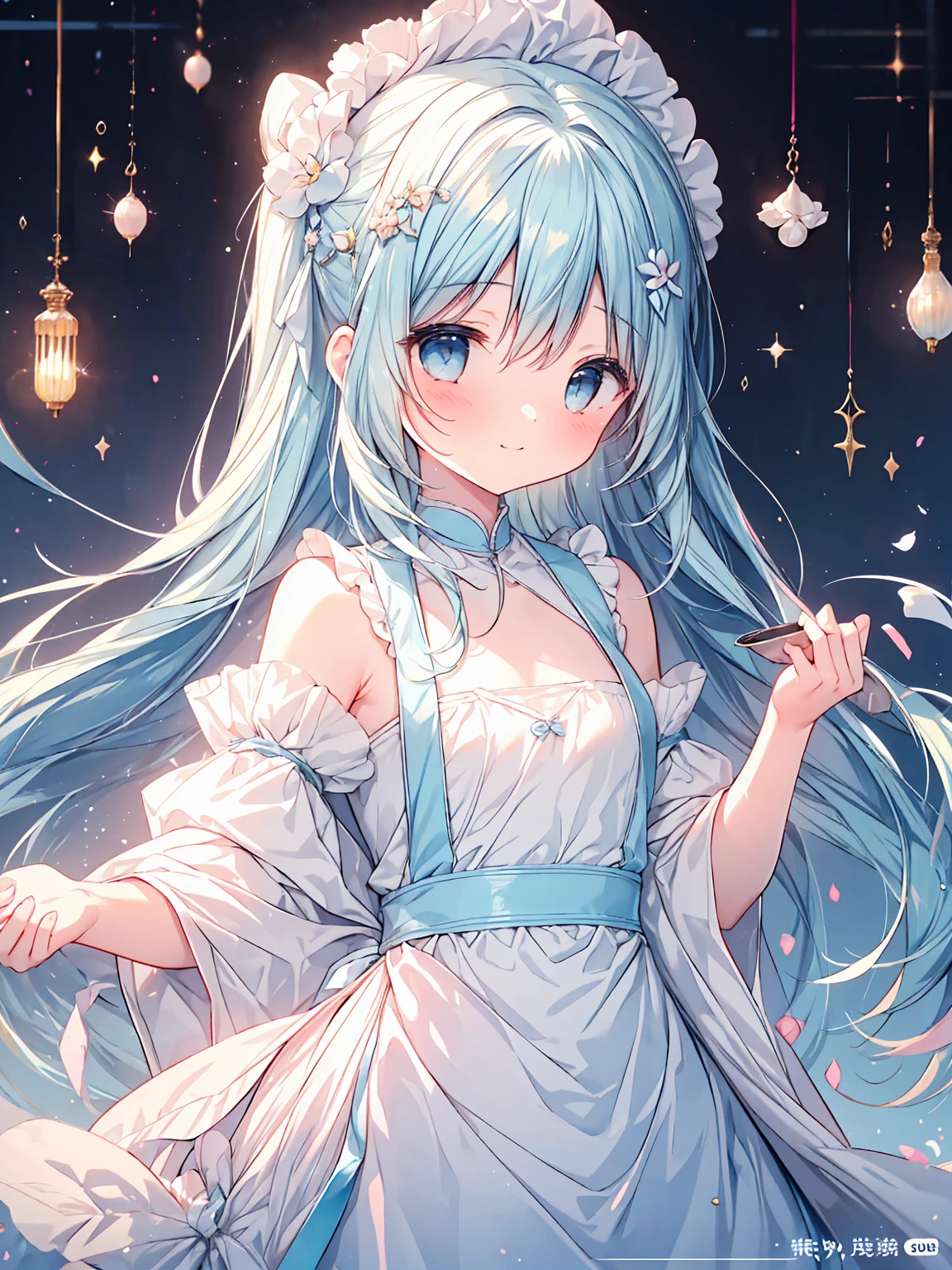 masterpiece, best quality, extremely detailed, (illustration, official art:1.1), 1 girl ,(((( light blue long hair)))), light blue hair, ,10 years old, long hair ((blush)) , cute face, big eyes, masterpiece, best quality,(((((a very delicate and beautiful girl))))),Amazing,beautiful detailed eyes,blunt bangs((((little delicate girl)))),tareme(true beautiful:1.2), sense of depth,dynamic angle,affectionate smile, (true beautiful:1.2),,(tiny 1girl model:1.2),(flat chest)), Soft Focus ,((ultra-detailliert:1.2))、Girl with dream of becoming a pastry chef。She wears a pink apron and a white shirt.、Her hair is in a brown ponytail。Although she is making cakes and cookies in the kitchen、Very skillful and amazingly skillful。She kneaded the dough or、Put it in a mold、It depicts how to decorate、Her face is a mixture of seriousness and fun。In the background, there are showcases and registers with her workake you feel the atmosphere of the store。She's working hard to achieve her dream.、Makes you want to support those who are watching