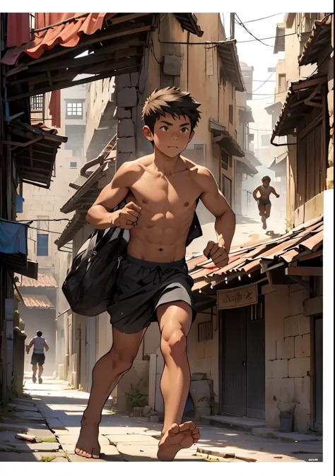 The shirtless 11 year old boy is running away from someone through the buildings of the ancient city