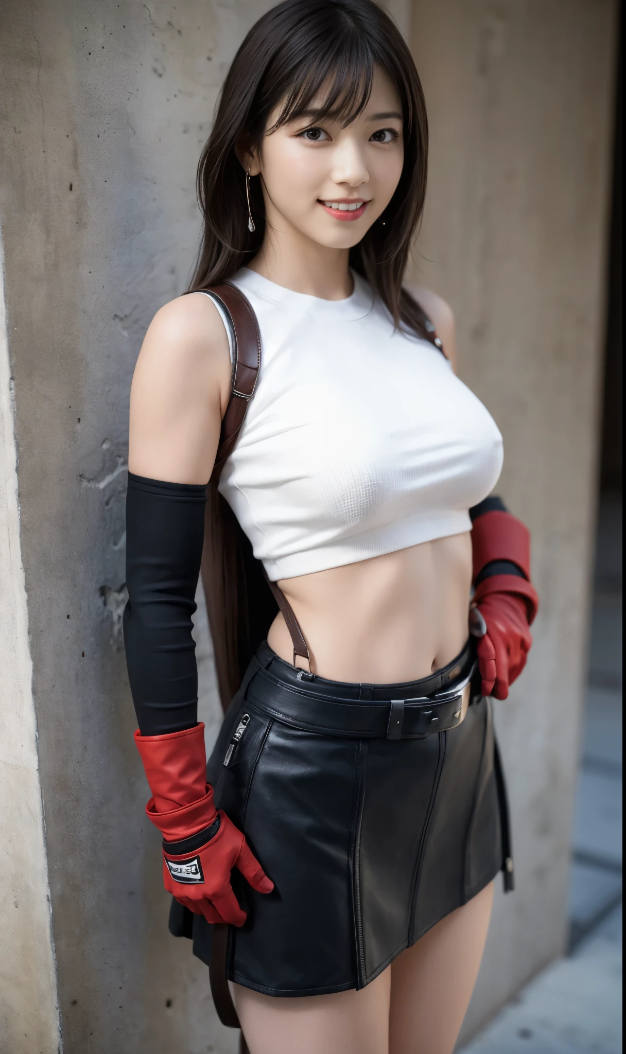 1girl, tifa lockhart, defTifa, red eyes, low-tied long hair, earrings, white crop top, suspenders, black miniskirt, pencil skirt, arm warmers, black elbow gloves, elbow pads, red gloves, red footwear, smiling