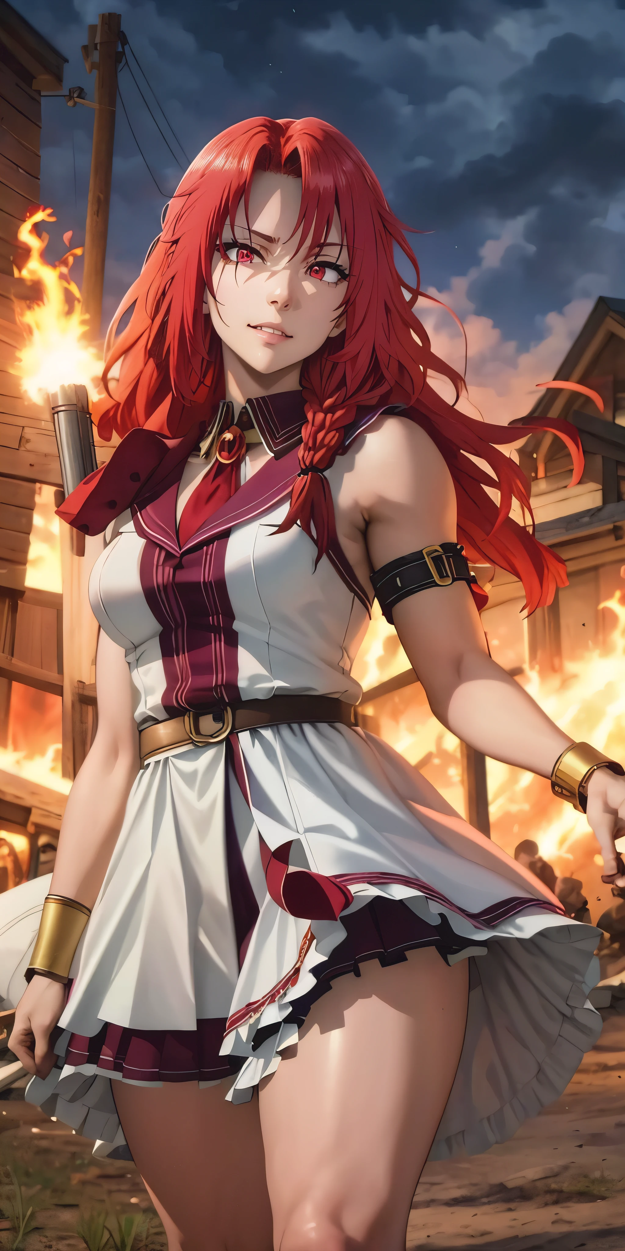 red hair, long hair, braid, red eyes, muscular female, anatomically correct, best quality, masterpiece, high quality, high details, highres, HD, (shaded face:1.2), hollow eyes, looking at viewer, heavy breathing, smirk, uppert teeth, On the battlefield of the storm, A woman dressed in a Lolita costume wields a weapon infused with the power of the fire element.( Lightning danced around her), Echoing the strength of her determination，Because she embodies the power of the forces of nature in battle.offcial art, 8k wallpaper, Ultra detailed, Beautiful and aesthetic, Beautiful, Masterpiece, Best quality，(Focus on thighs up)，Clear face，Eyes detailed，(Wind，Fluttering strands of hair，Flowing skirt)，
