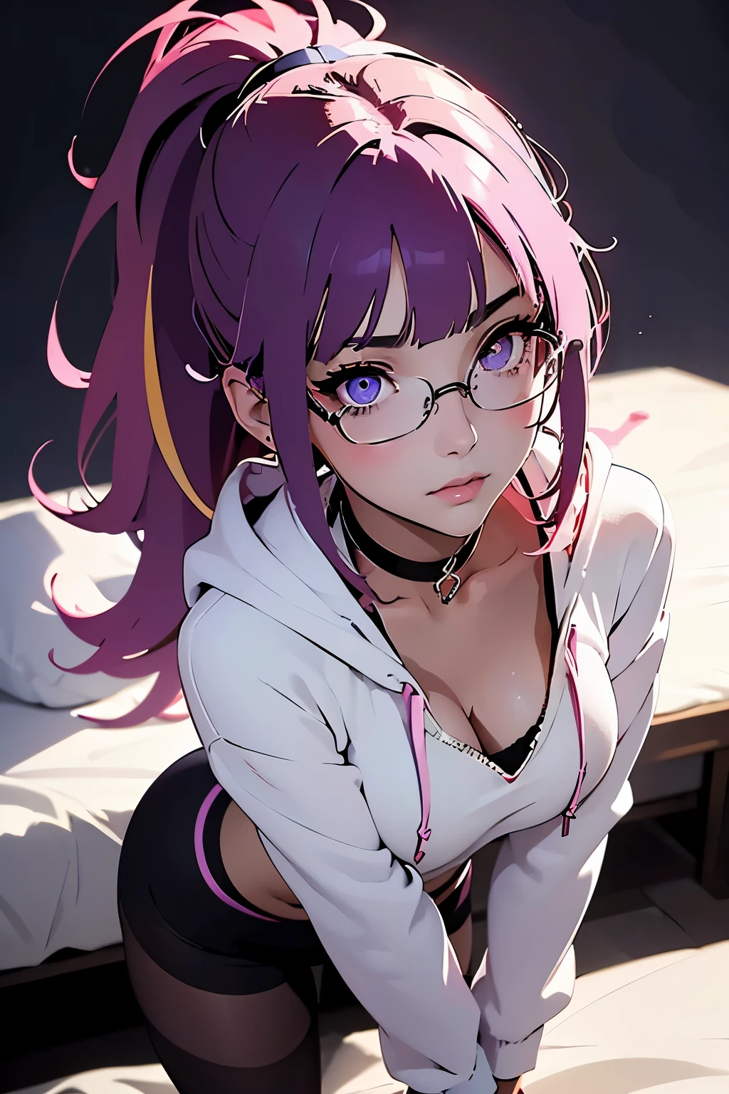 anime art of a beautiful woman, looking at viewer, purple eyes bright pupils, indoors, blush, medium breasts, choker, sharp eyes, blunt bangs, ponytail, wearing a white oversized hoodie, off shoulder, square half rim glasses, underboob, stretching, on bed, fishnet pantyhose, soft smile, (from above:1.3), (vibrant colors:1.2), (dramatic lighting:1.4), detailed iris, (first person point of view:1.3), anime, focus on eyes, portrait taken with fisheye lens, (anime:1.3)