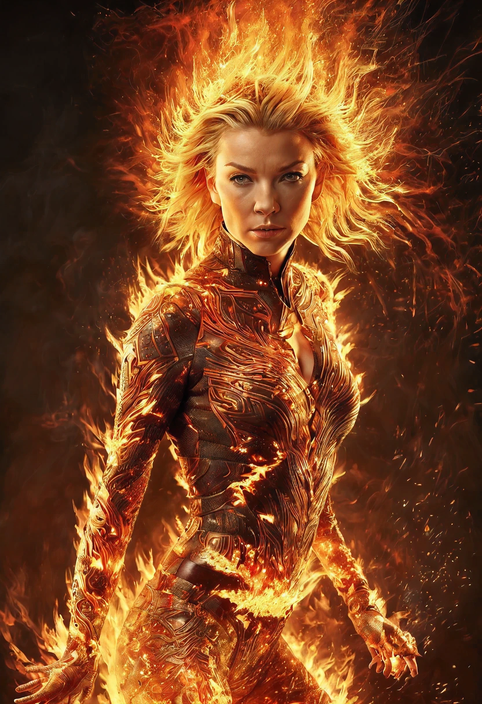 realistic photo, full shot (full body), masterpiece, (ohwx woman), Natalie Dormer, short flaming hair, Composed of fire elements, hero action postures,transparency, Sci-fi light effects,(Light-emitting circuit board:1.6), Flame skin,Flame print, on fire, fire elemental, fire magic, raw photo,full shot, magic, fantasy imersive dark background, contrast between the burning figure and the dark background,