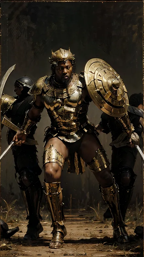 ( classic oil painting ) a full body black skin heavy african armored warrior holding a shield on a crowded battle field, marvelous battle action pose holding his shield, ((african:1.0)), ((black skin:1.0)), ((african man:1.0))