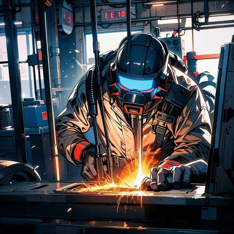 A welder holding a welding torch and covering the welding surface of an LCD is welding in a factory.