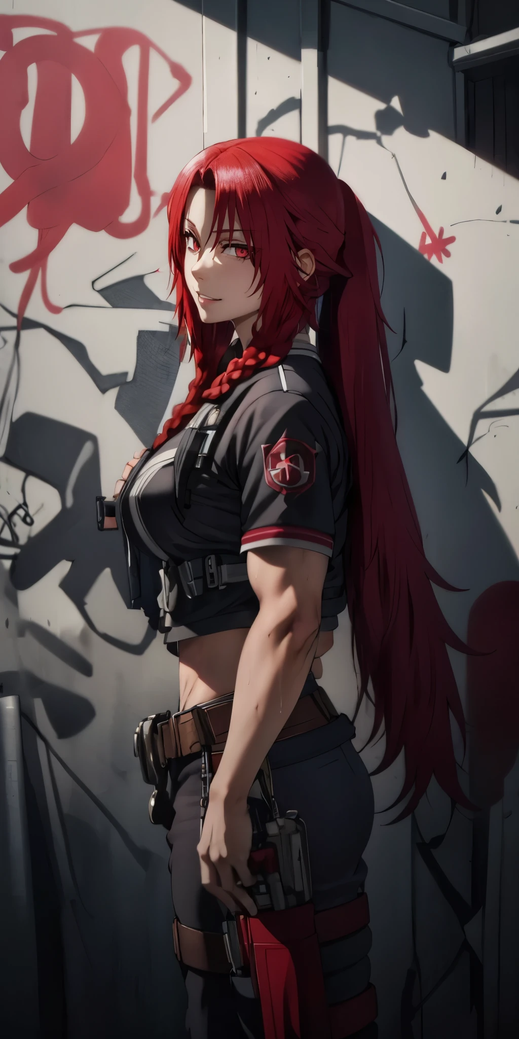 red hair, long hair, braid, red eyes, muscular female, anatomically correct, best quality, masterpiece, high quality, high details, highres, HD, (shaded face:1.2), hollow eyes, looking at viewer, heavy breathing, smirk, uppert teeth, best quality, masterpiece, high quality, high details, highres, HD, (shaded face:1.2), hollow eyes, blue eyes, looking at viewer, seductive smile, Masterpiece, 1girl, busty woman, standing in front of a graffiti wall, spray can , (base cap:1.3), long black hair, braided ponytail, cowboy shot, muscular female, sweating, wet, steaming body, big ass, 
