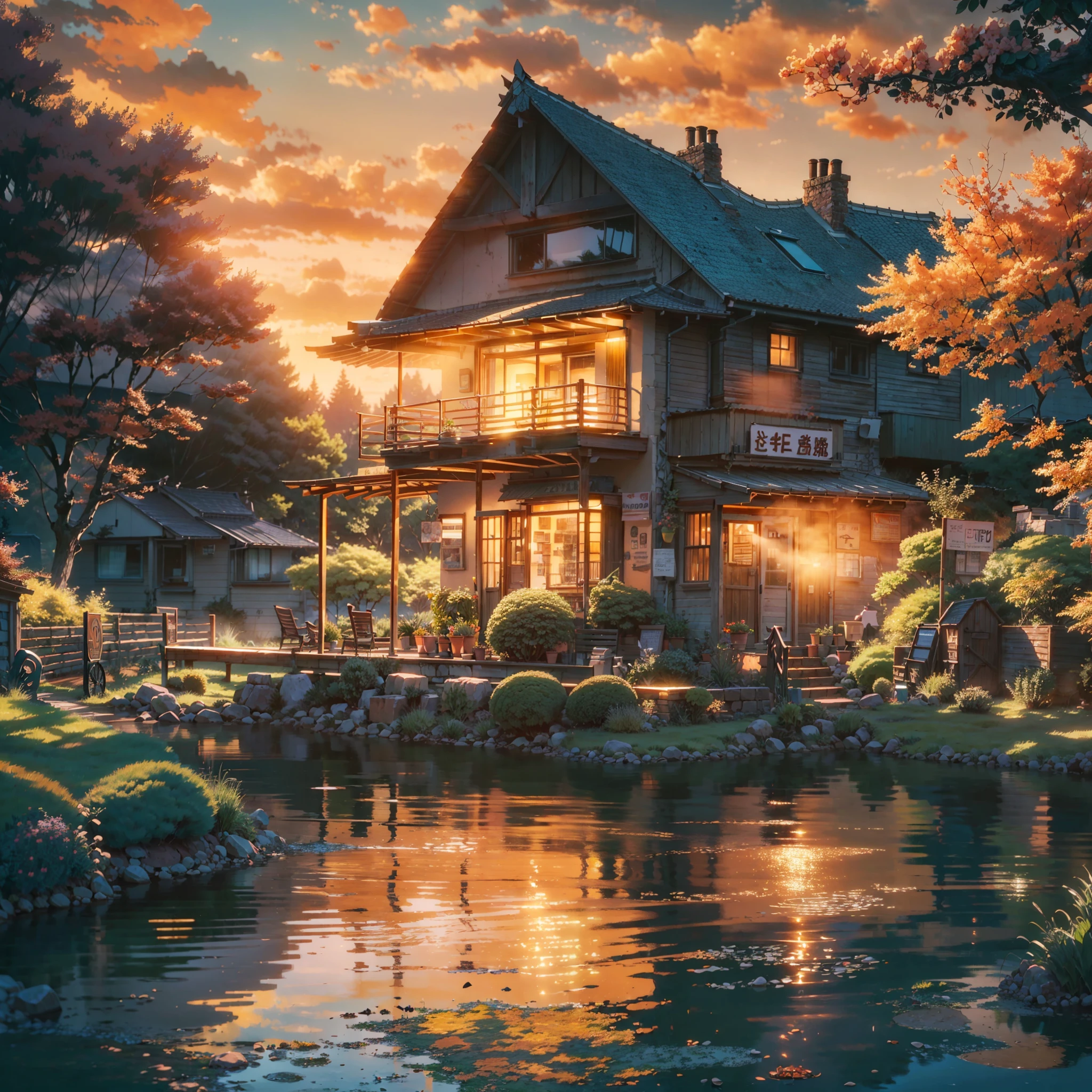 painting of a sunset scene with a river and a house, beautiful anime scenery, anime beautiful peace scene, anime landscape wallpaper, beautiful anime scene, anime scenery, scenery artwork, anime art wallpaper 4 k, anime art wallpaper 4k, anime background art, anime style 4 k, anime landscape, beautiful art uhd 4 k, anime wallpaper 4k, anime wallpaper 4 k