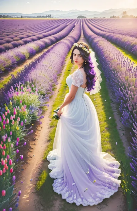 (best quality,4k,8k,high resolution,masterpiece:1.2),super detailed,actual,lavender field,dreamy,tulip,rose,a girl in a wedding ...