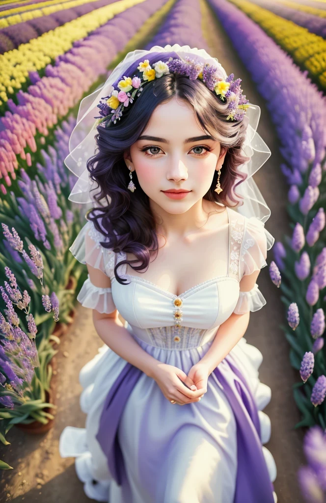 (best quality,4k,8k,high resolution,masterpiece:1.2),Super detailed,actual,lavender field,Dreamy,tulip,Rose,A girl in a wedding dress,Romantic,bright colors,soft light