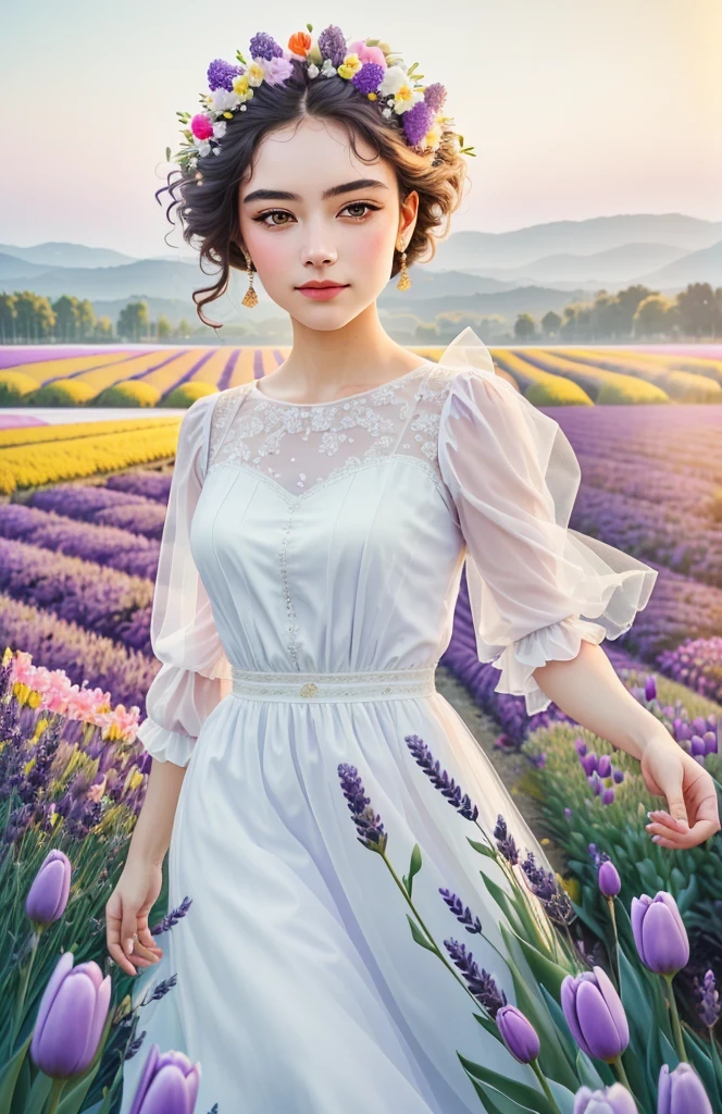 (best quality,4k,8k,high resolution,masterpiece:1.2),Super detailed,actual,lavender field,Dreamy,tulip,Rose,A girl in a wedding dress,Romantic,bright colors,soft light